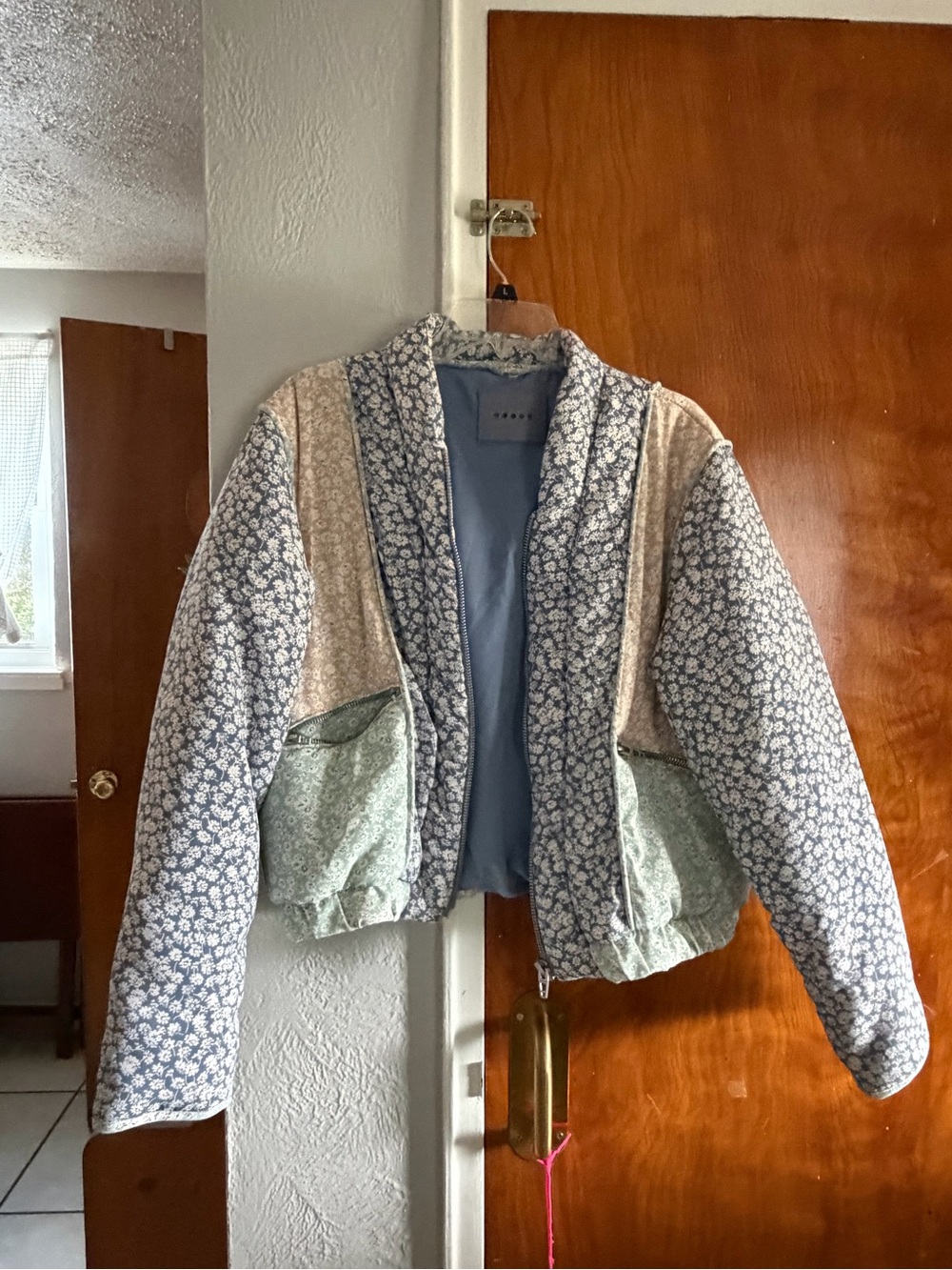 Quilted Floral Cropped Jacket in Blue and Cream